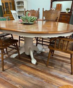 Dining Table, 6 Chairs + 1 Leaf, Wood Top, OId White