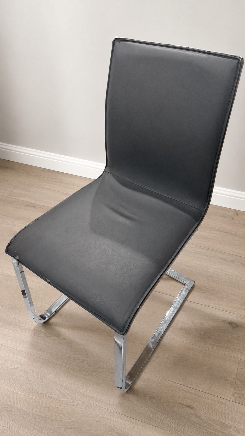 Pair of Modern Cantilever Chairs – Chrome Frame, Grey Faux Leather & Wood Back