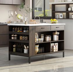 55-Inch Stationary Kitchen Island with Storage for Prep, Dark Brown