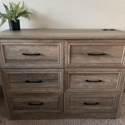 Must Go! Cash-Only! Send Offer! 6 Drawer Wide Dresser Organizer with Charging Station, Dresser for Hallway, Wood Dresser with Metal Handles, Ash Grey