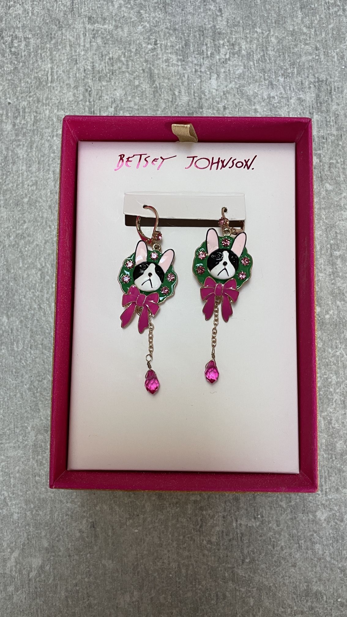 Charming Betsey Johnson French Bulldog Holiday Earrings