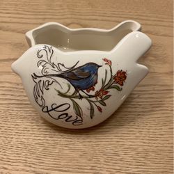 Unique Bird Shaped Small Curio Trinket Box Hand Painted Blue Finch On A Flower Made in China S1