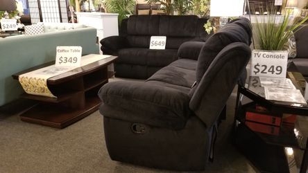 Brand new black padded suede or grey gel leather manual reclining sofa + loveseat 2PCs set