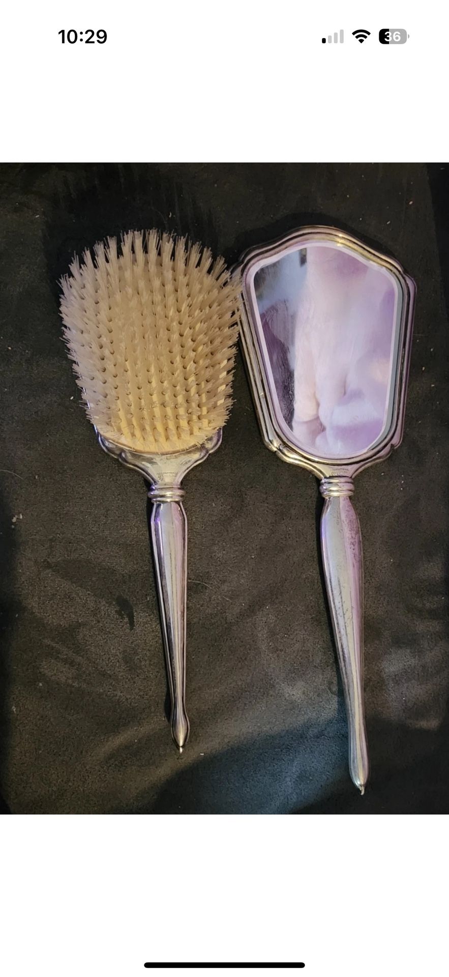 International Sterling Silver Vanity Hand Mirror and Brush Set with Mono