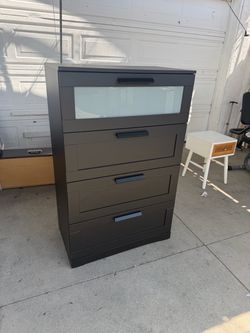 Black 4-Drawer Tall Dresser with Glass Panel