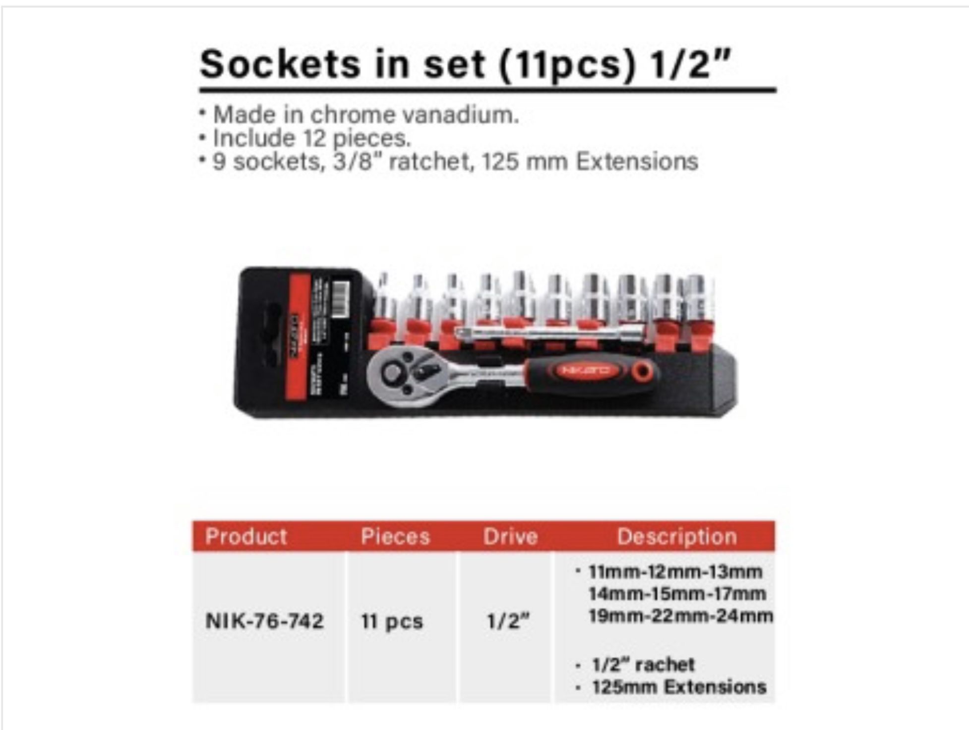 Brand New Sockets In Set 11 Pcs 1/2 Ratchet 11mm To 24mm