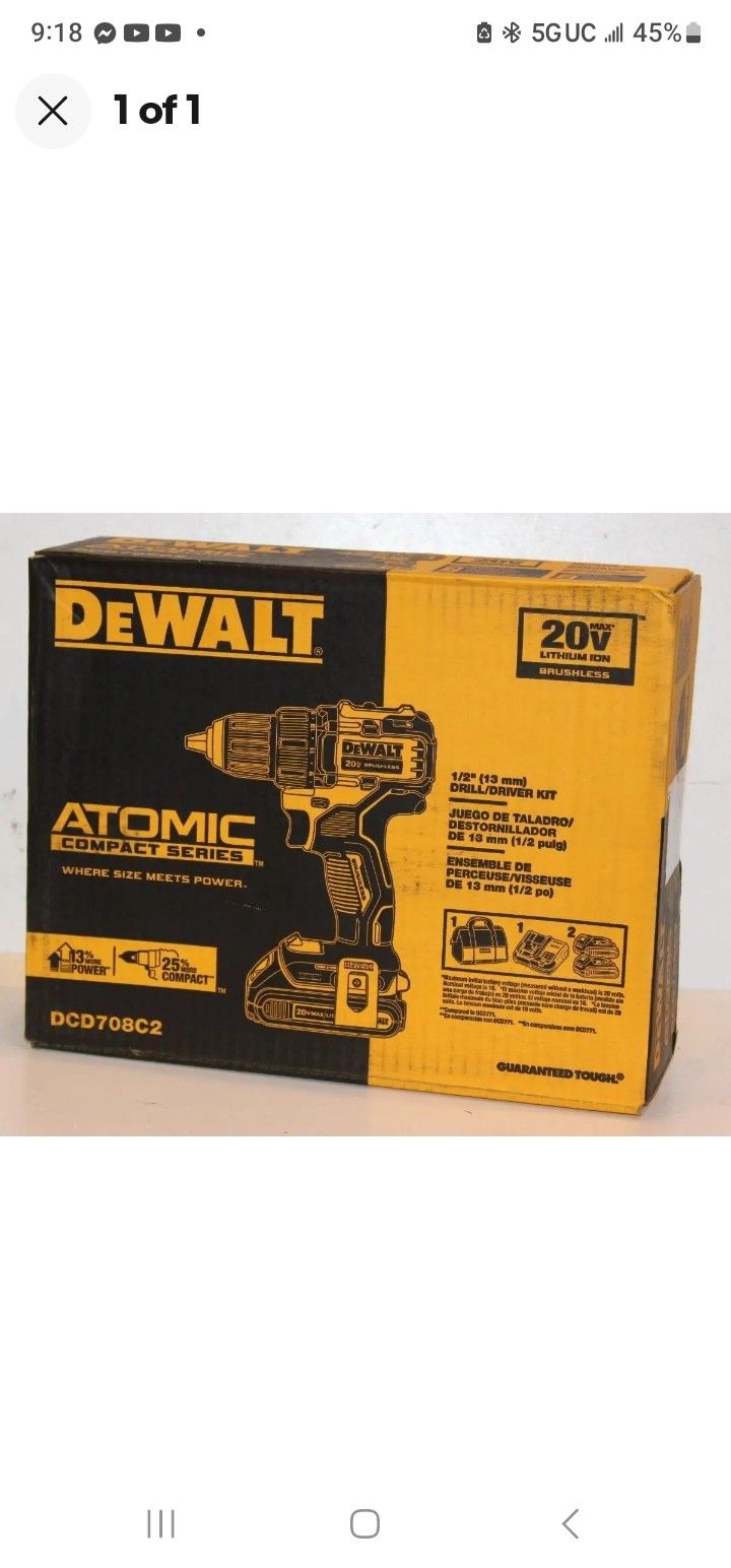 DEWALT DCD708C2 ATOMIC 20V MAX BL Li-Ion 1/2 in. Drill Driver Kit (1.5 Ah) New