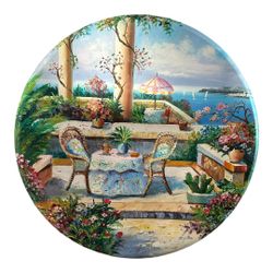 Unique Circular Oil Painting Vivid Colors of Mediterranean Signed Canvas Artwork Tondo Wall Home Decor