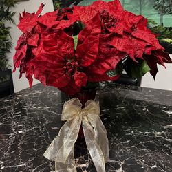 Handmade Beautiful Large Artificial Flowers. Red Vase and Gold Ribbon.