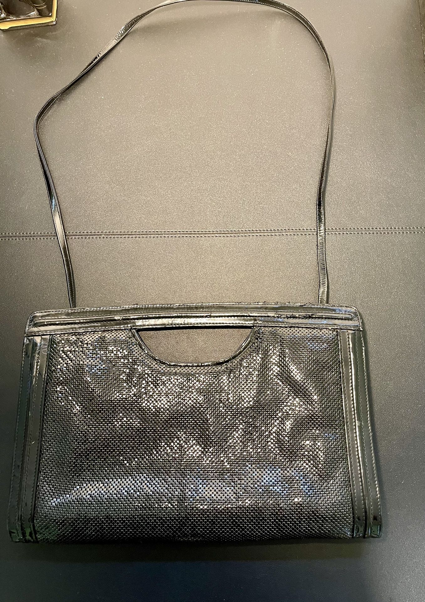 Whiting & Davis Vintage 70s Black Metal Mesh Patent Leather Crossbody Bag Purse
