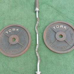 (2) 45lb YORK Olympic Size Barbell Weights With 17lb Curling Bar 112lbs Total