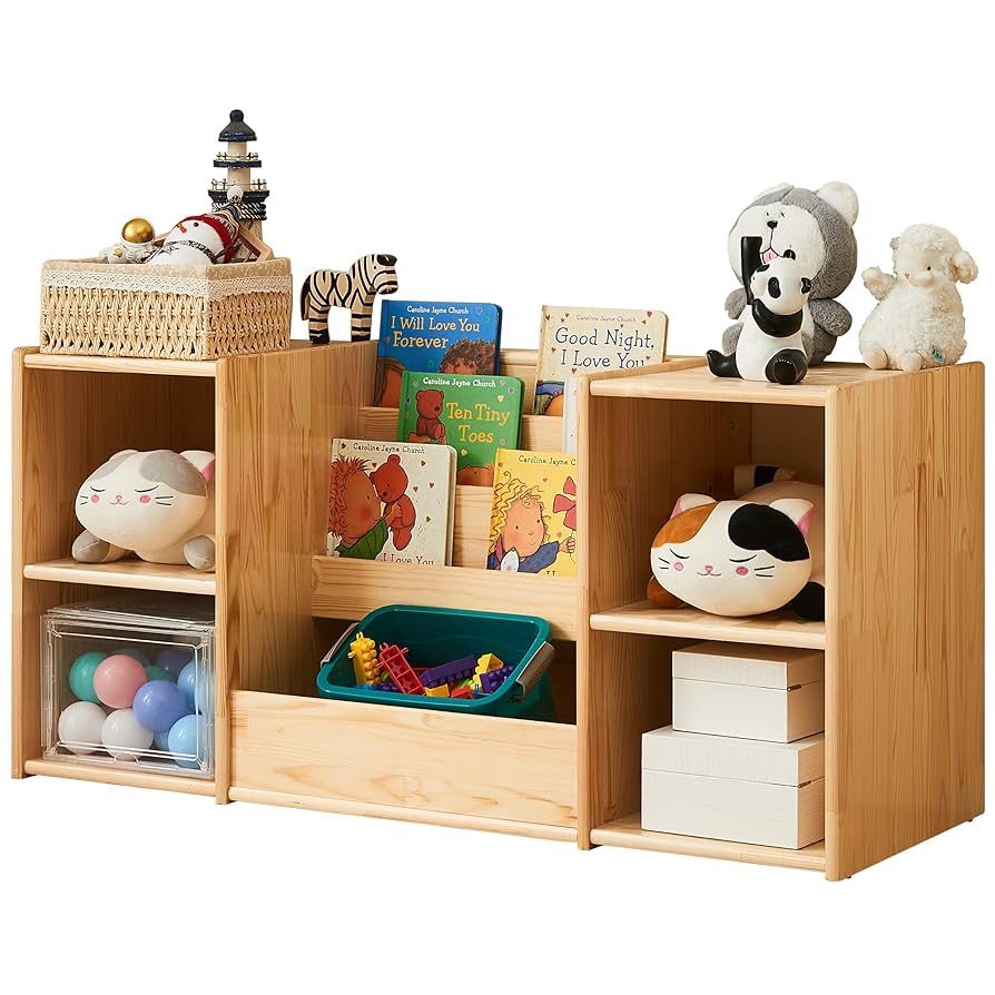 F3C | Montessori Bookshelf and Toy Storage | 3-Section Kids Bookshelf for Organizing Books | 2-Shelf Toy Organizers and Storage Cabinet | Natural Wood