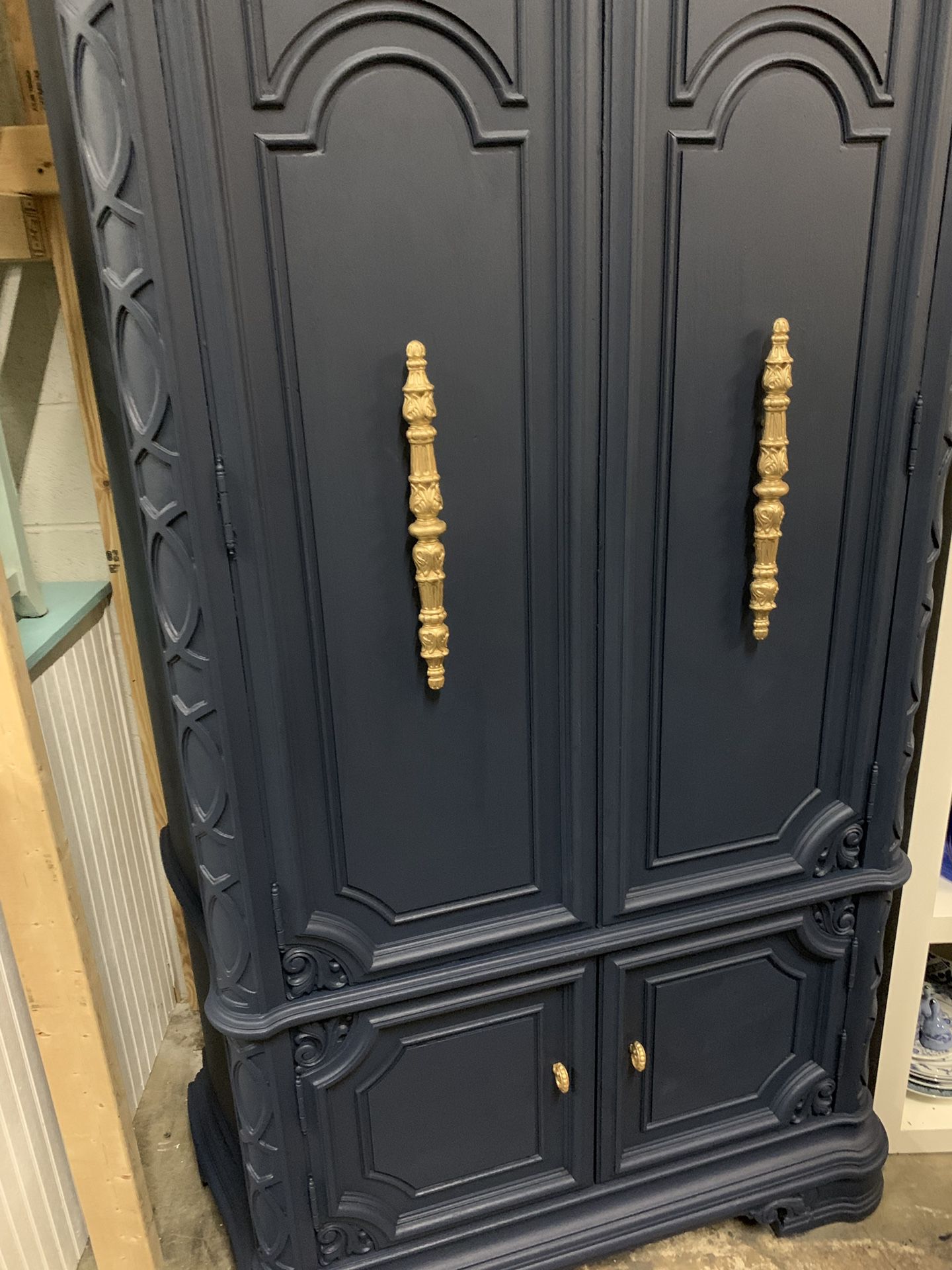 Refinished Antique Navy Blue Armoire with Gold Hardware