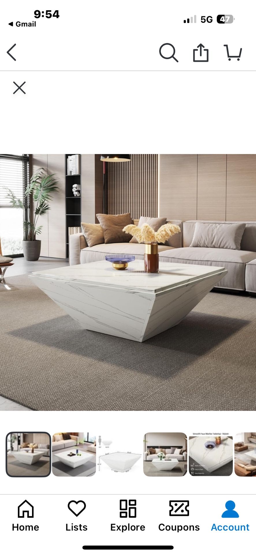 35.4 Inches Square Coffee Table with Faux Marble Tabletop