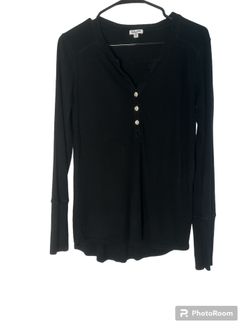 Splendid Black Cotton Thermal Slim Button Henley Top /Small