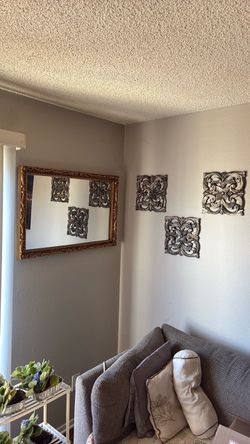 Large Ornate Gold Wall Mirror + 3 Decorative Wall Art Pieces – 4 Piece Set