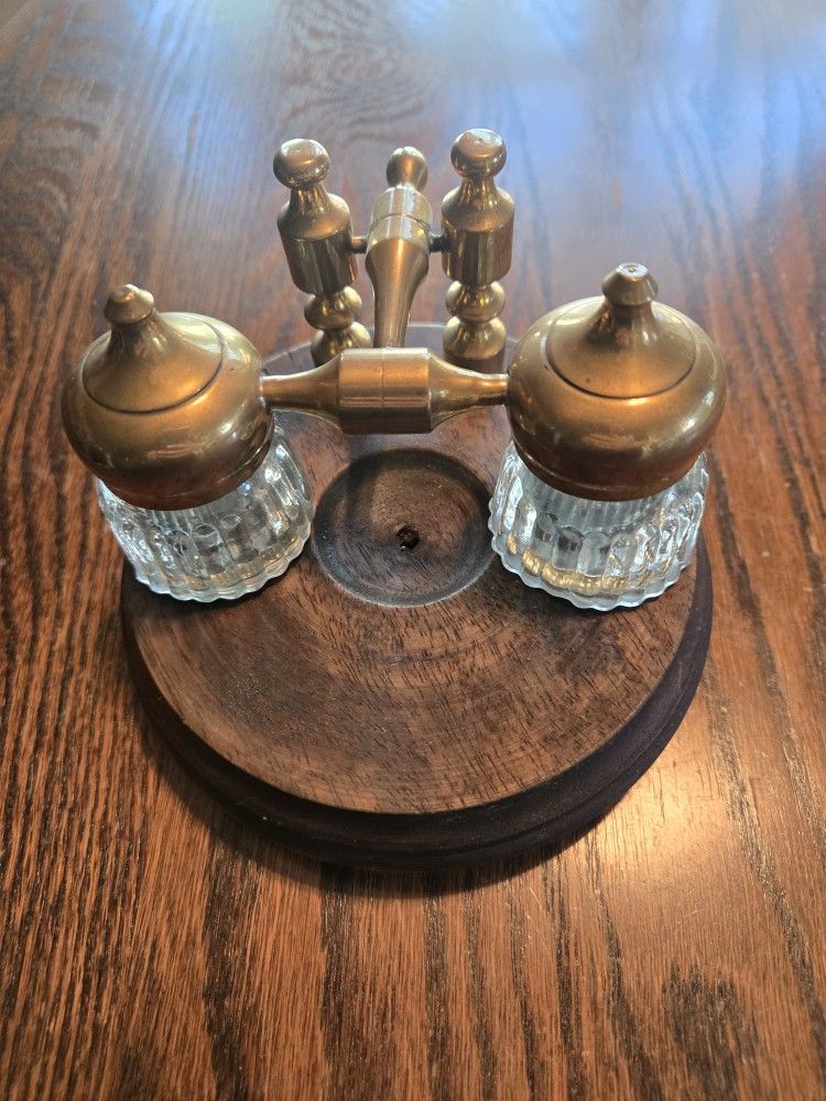 Double Clear Ribbed Inkwells w/Wood & Brass Stand