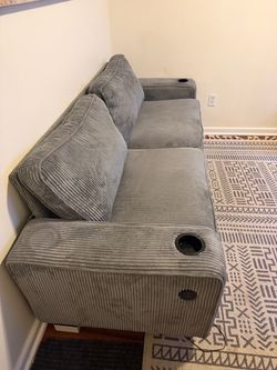 Gray Corduroy Sofa with Cup Holders & USB Ports