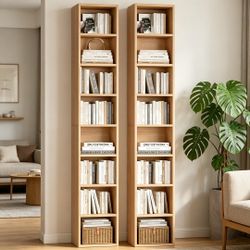 2 Pcs 71'' Tall Narrow Bookshelf, 8-Tier Media Tower Rack Set of 2 CD DVD Storage Cabinet with Adjustable Shelves, Tall Narrow Bookcase Skinny Display