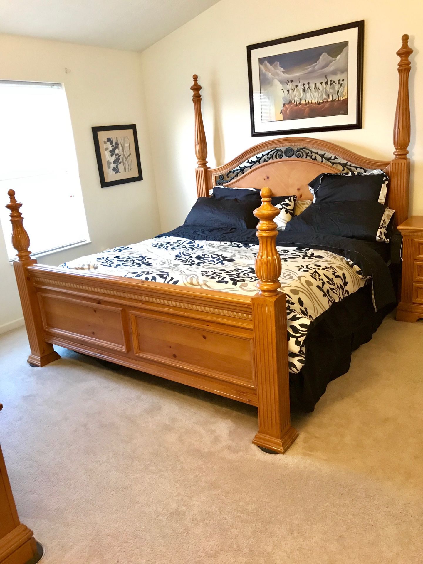 King Bedroom set. Set includes King Poster bed, firm mattress/box spring, 1 Night Stand, Dresser/Mirror, Armoire.