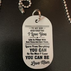 Mother To Son Saying Printed On Metal Dog Tag W/ Beaded Chain 