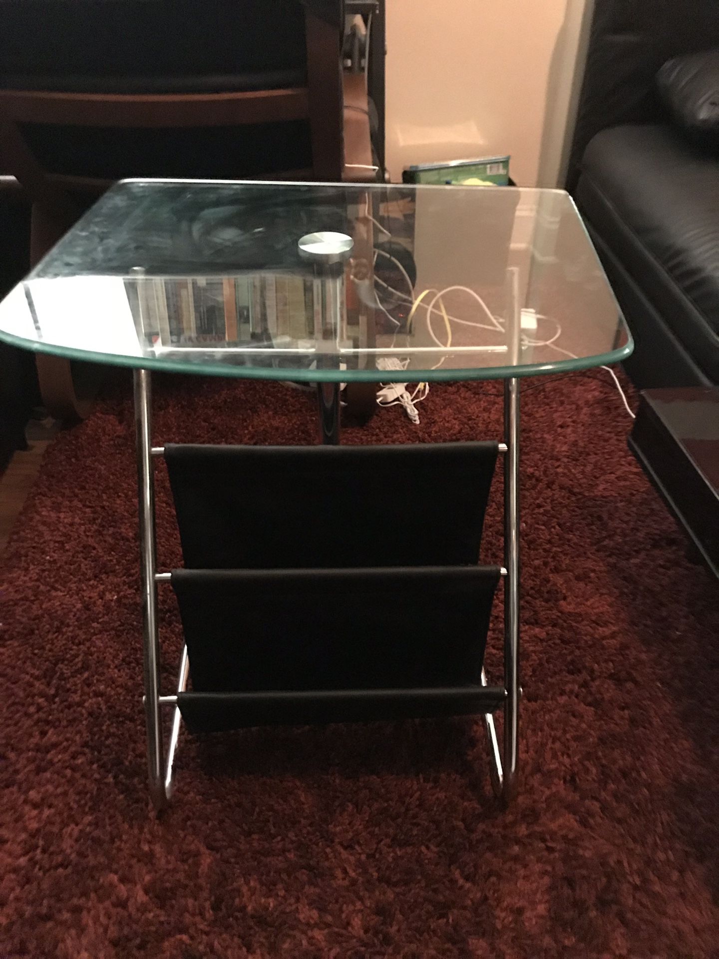 Glass Topped Side Table with Leather Storage Pouches