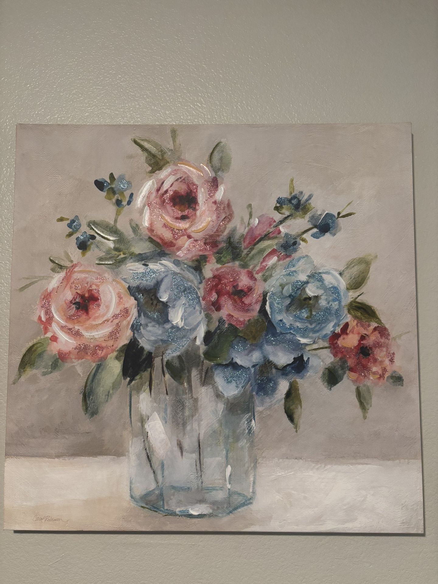 Floral Canvas Wall Art – Textured Glitter Accents – 24”x24”