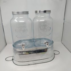 Glass Mason Jar Double Drink Dispensers Galvanized Metal Bucket Display Stand