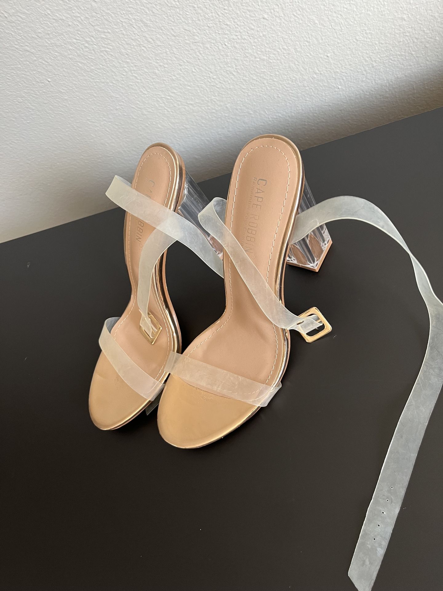 Cape Robbin Maria-2 Clear Block Heels – Rose Gold/Nude (Size 8.5)