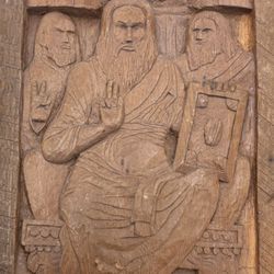 Wooden Handmade Carved Signed Plaque with Christ enthroned with two Apostles Peter and Paul - Religious Christian Biblical Wall Art