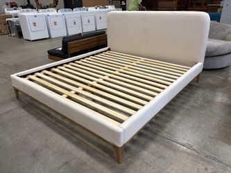 ARTICLE Rosin Coastal Style Sand Ivory Upholstered King Size Bed Frame with Natural Oak Finished Frame