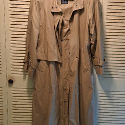 Jennifer Moore Long Khaki Trench Coat Rain Jacket, Snap Front Size 12 Dry Clean Only