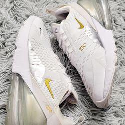 Size 9 Women's Nike Air Max 270 ESS White Silver Gold DM3080-100.

