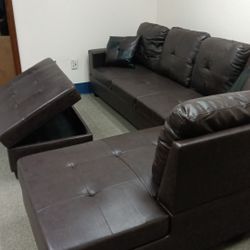 BRAND NEW DARK BROWN SECTIONAL SOFA COUCH SET WITH STORAGE OTTOMAN