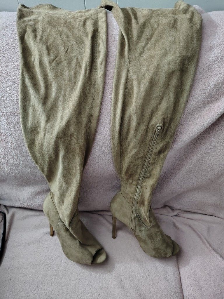 Tan/ Beige Thigh High Stretchy Boots