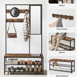 Perchero con espejo, árbol de pasillo con banco y estantes de almacenamiento de zapatos, 13.8 x 38.6 x 70.9 pulgadas, dormitorio, sala de estar, estil
