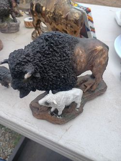 Bison and Calf Resin Figurine