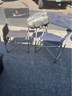 Two camping chairs, and mummy sleeping bag