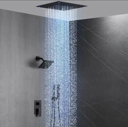 Vanfoxle 16" LED Rainfall Shower System Matte Black 2- Spray 1.8 GPM Valve Set
