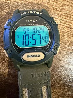 Timex Expedition INDIGLO Digital Quartz Watch 100m Green Resin/Leather Gray