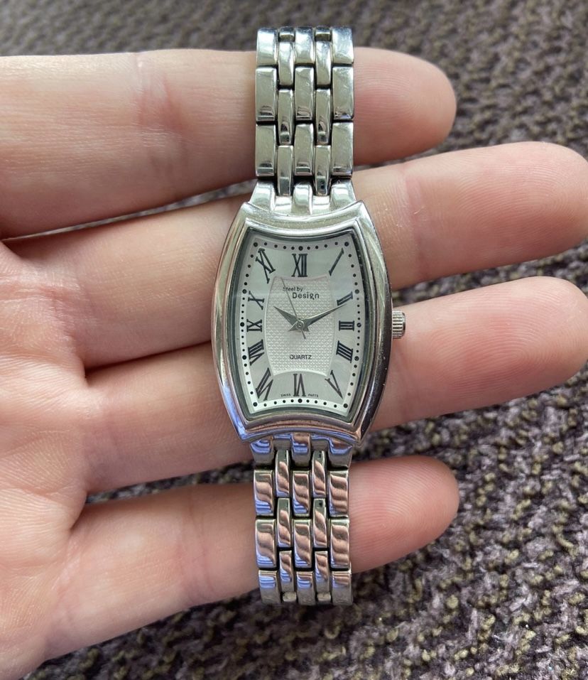 Steel By Designs QVC Watch Women Silver Tone Date Rectangle Dial