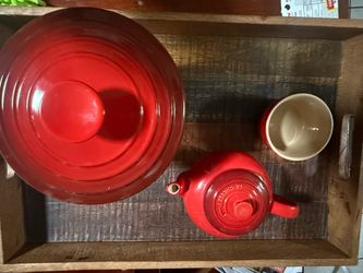 Le Creuset Cerise Red Stoneware Set – Teapot, Storage Canister & small bowl