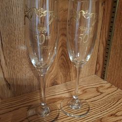 A Pair Of Champagne 🥂 Glasses 9" Tall 50th Anniversary Golden Lettering