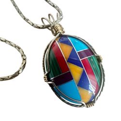 Vintage  Artisan Southwestern  Inlay Pendant Necklace 