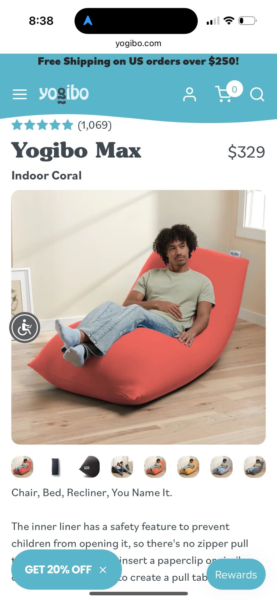 $330 Beanbag Recliner Yogibo Max Limited Edition Clementine Color 