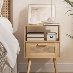 Nightstands, End Table, Rattan Nightstand, Side Table with Hand Made Rattan Decorated Drawers, Wood Accent Table with Storage for Bedroom