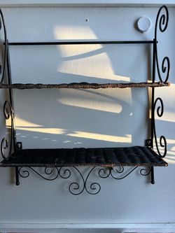 Black Wrought Iron and Wicker Wall Shelf