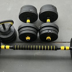 Brand New 44lb Adjustable Dumbbells With Kettlebell And Barbell