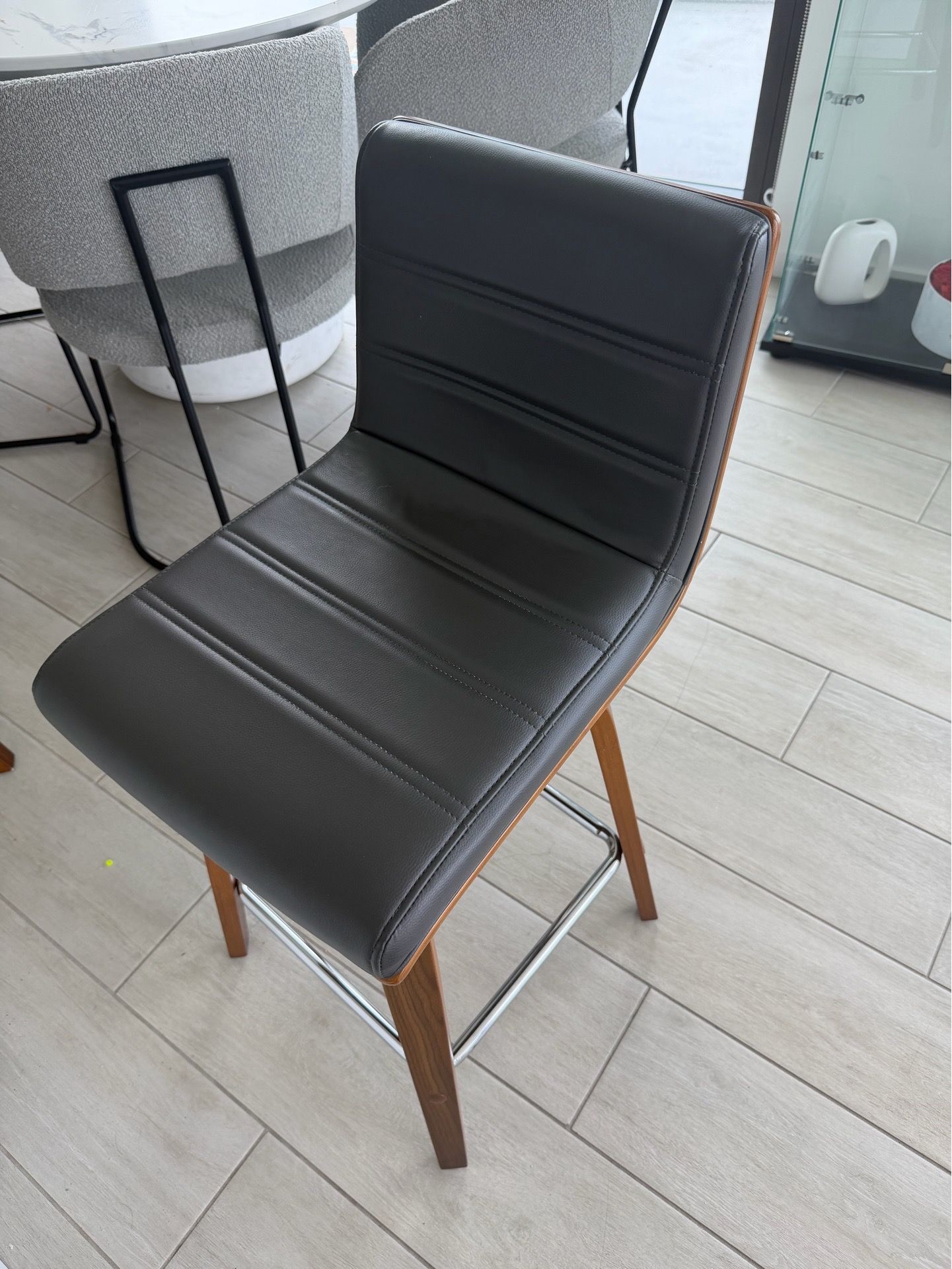 Designer Leather and Wood Barstool Chairs, set of four (4)