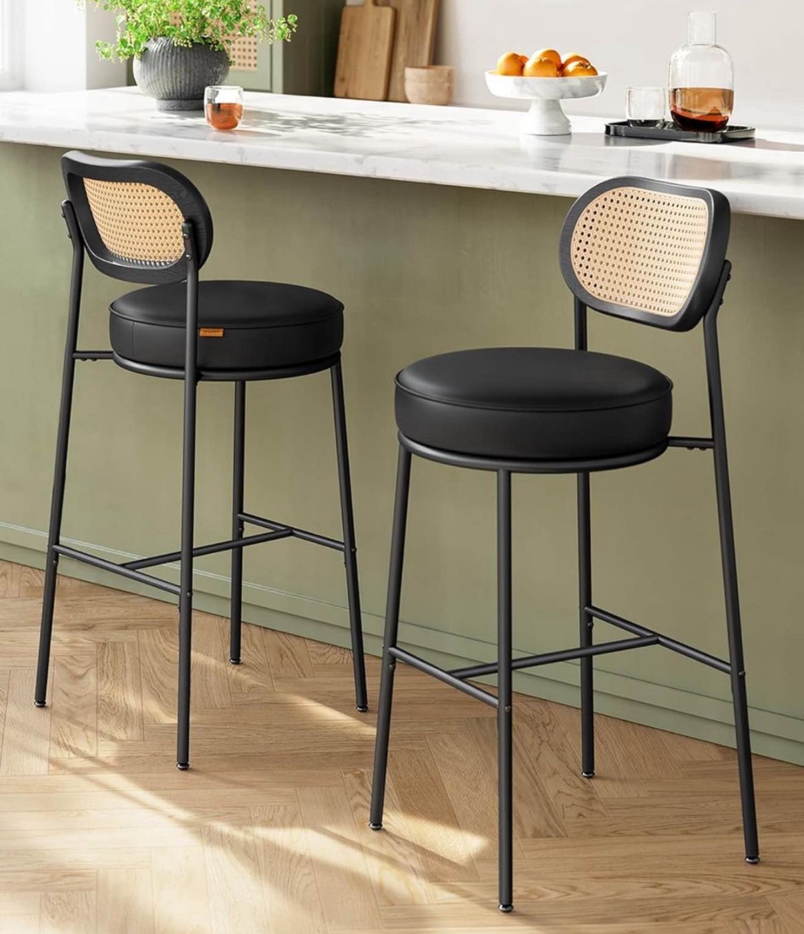 Bar Stools Set of 4 Lbc097b01 Bar Height Stools with Rattan Back and Metal Legs, 30.1-Inch Tall Counter Chairs, Modern Leather Upholstere